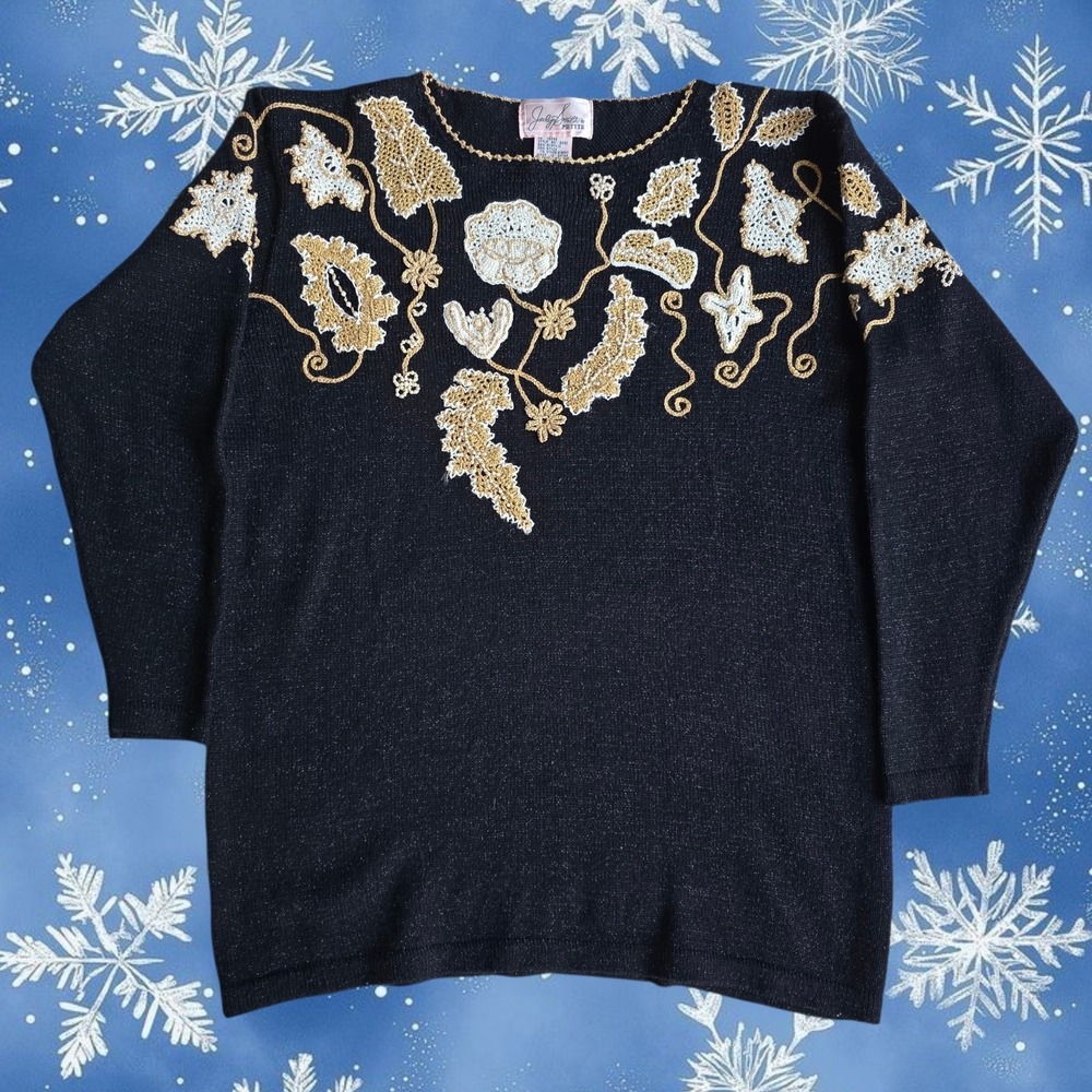 Jaclyn Smith Christmas Sweater Size L Black Gold Beaded Embroidered 80s 90s